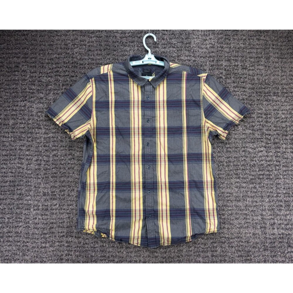 Prana Shirt Mens XL Gray Yellow Plaid Slim Fit Short Sleeve Organic Cotton
